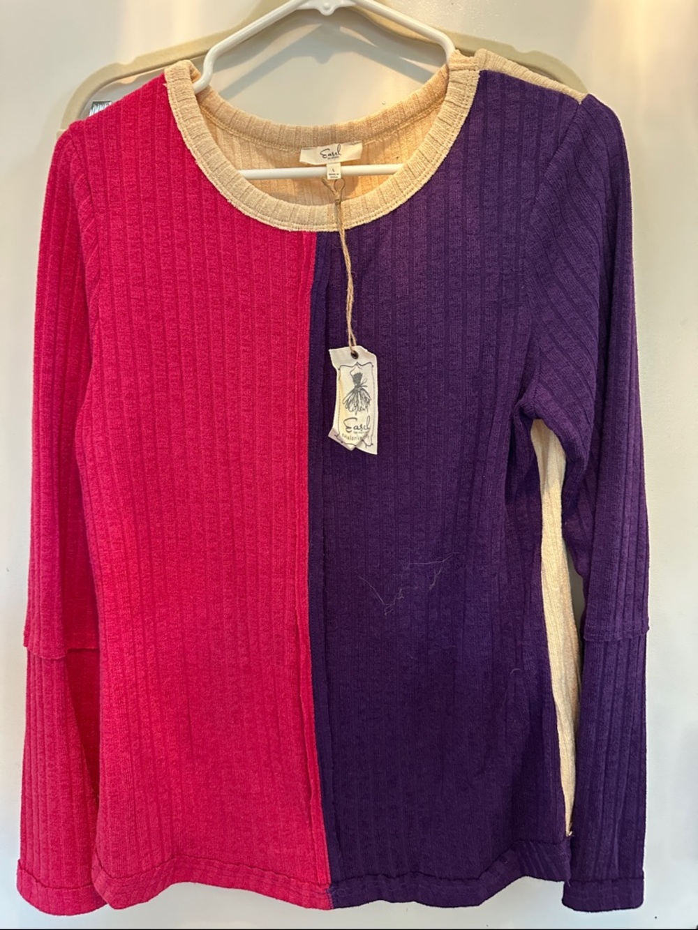 easel L Colorblock Ribbed Sweater in Hot Pink, Purple & Cream Trim